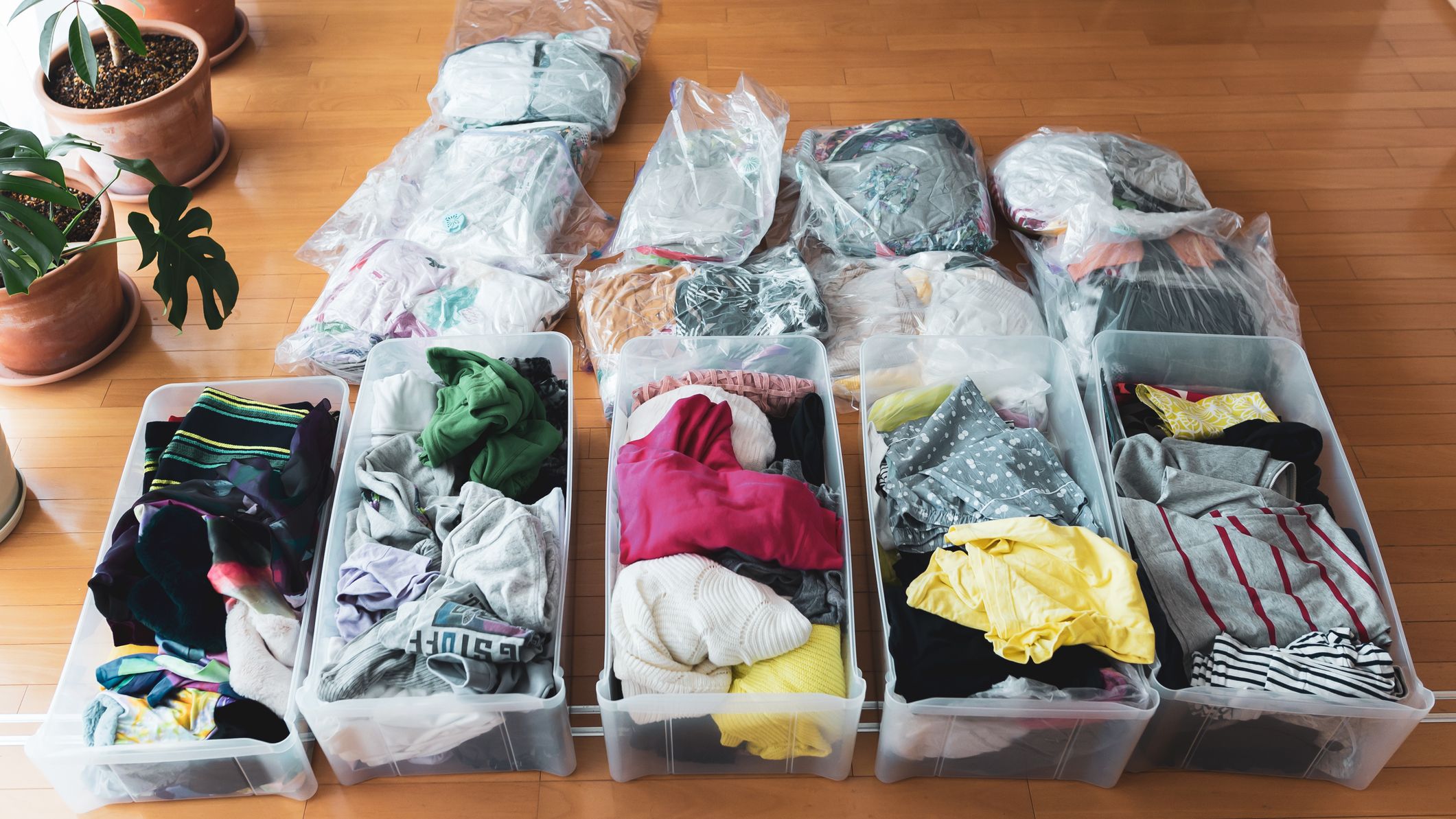 Woman organizes clothes in living room of her home