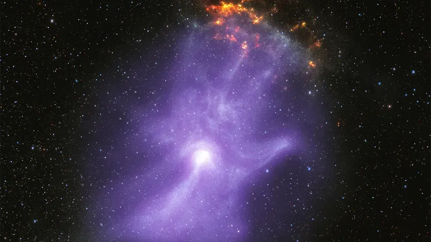 A ghostly, hand-shaped cloud of glowing blue and purple X-ray emission stretches across space, with long, skeletal fingers reaching into a dark, star-filled background.