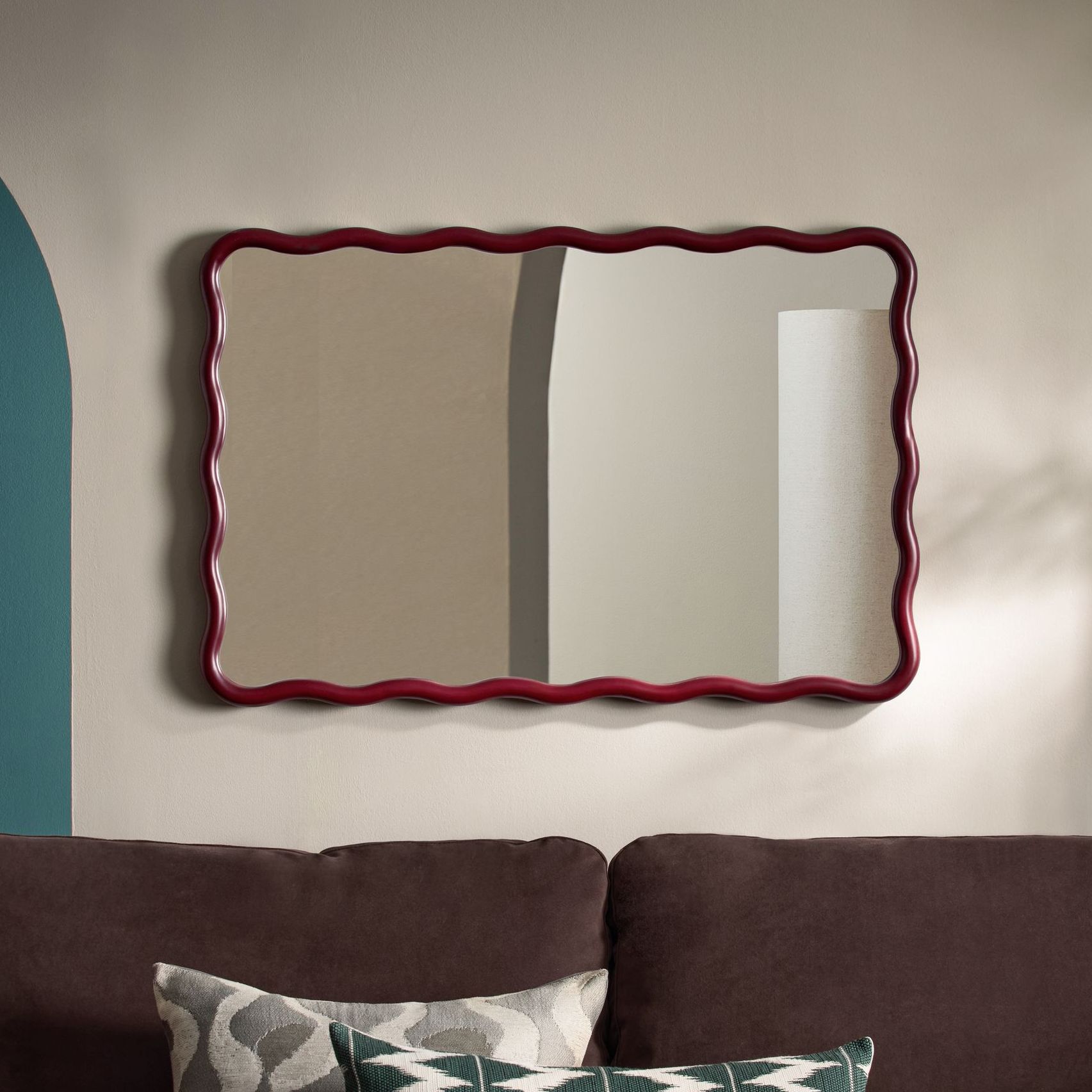 Red Wooden Wavy Pine Rectangular Wall Mirrror