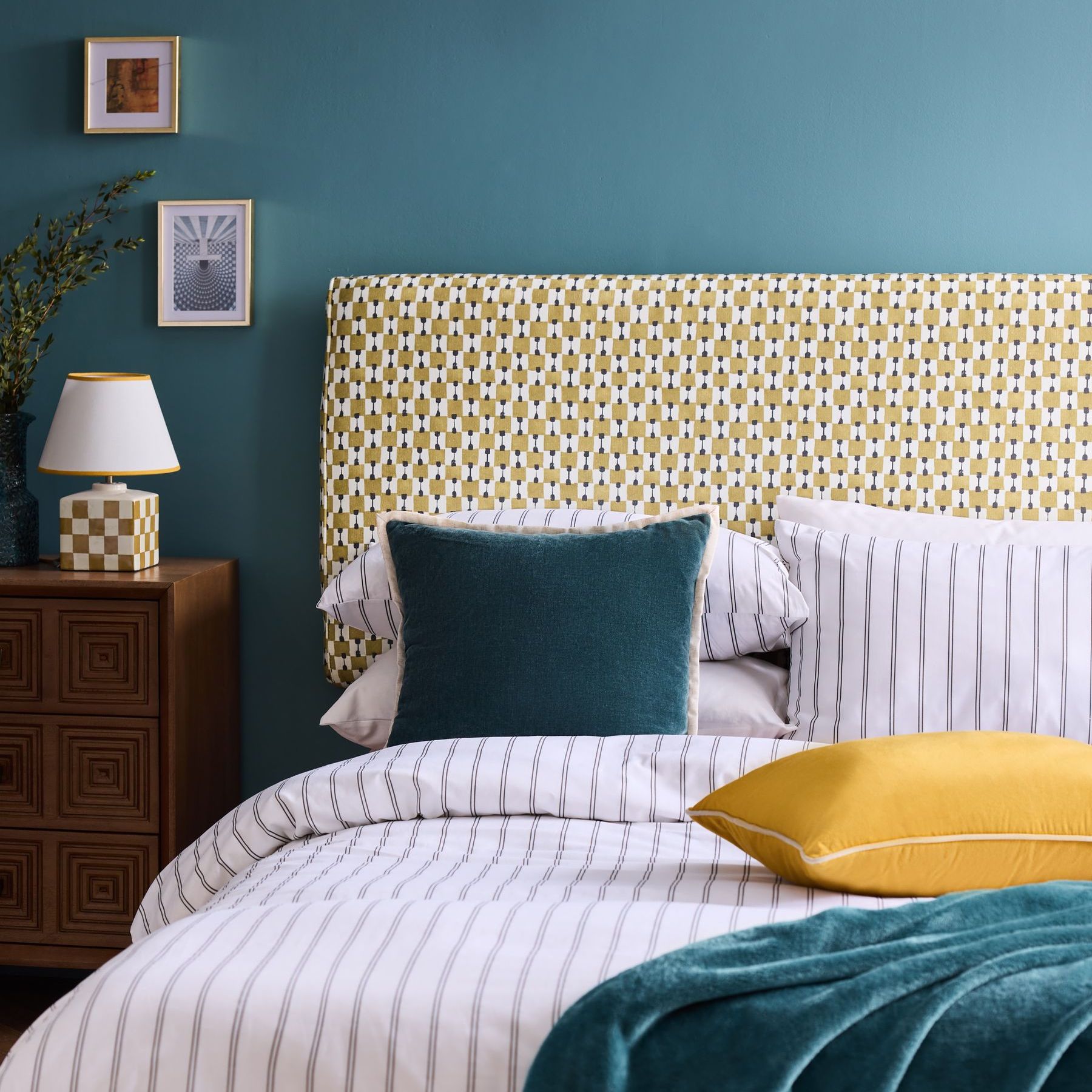 Patterned Rowe Geo Ochre Yellow Contemporary Upholstered Headboard
