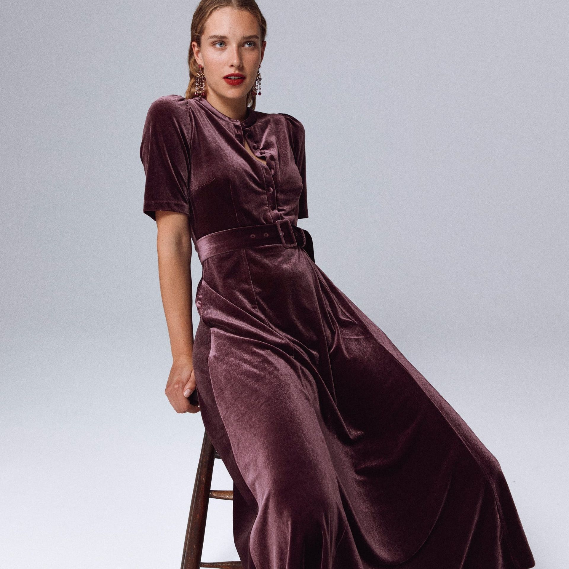 Kate Velvet Shirt Dress-Dark Cherry