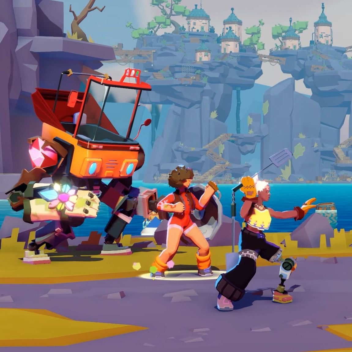 Two women with cooking implements as weapons and a mech line up to fight three identical men, one piloting a one-legged robot