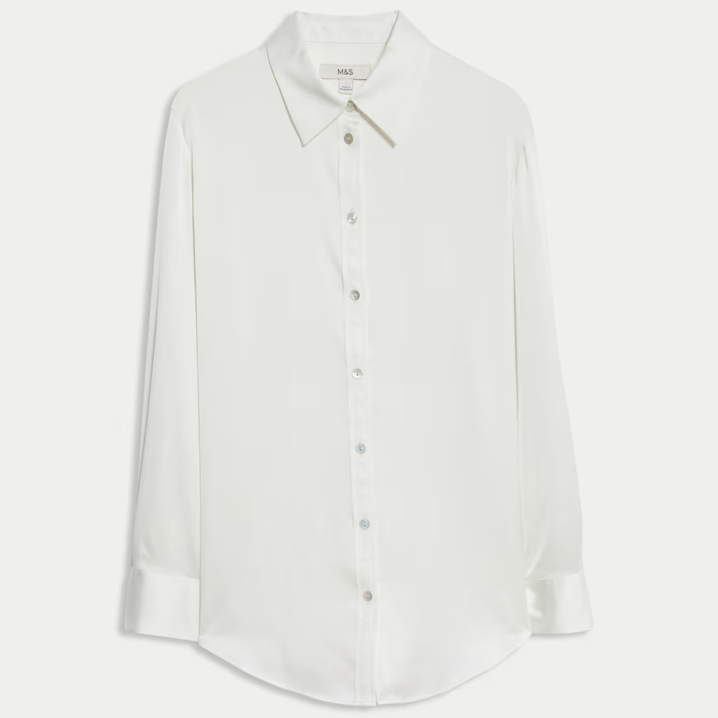 white satin button up shirt from M&amp;amp;S