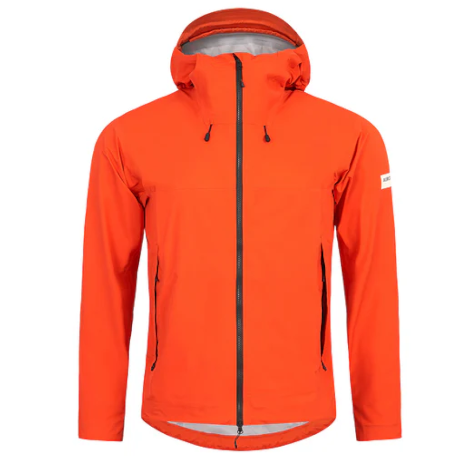 An orange rain jacket on a white background