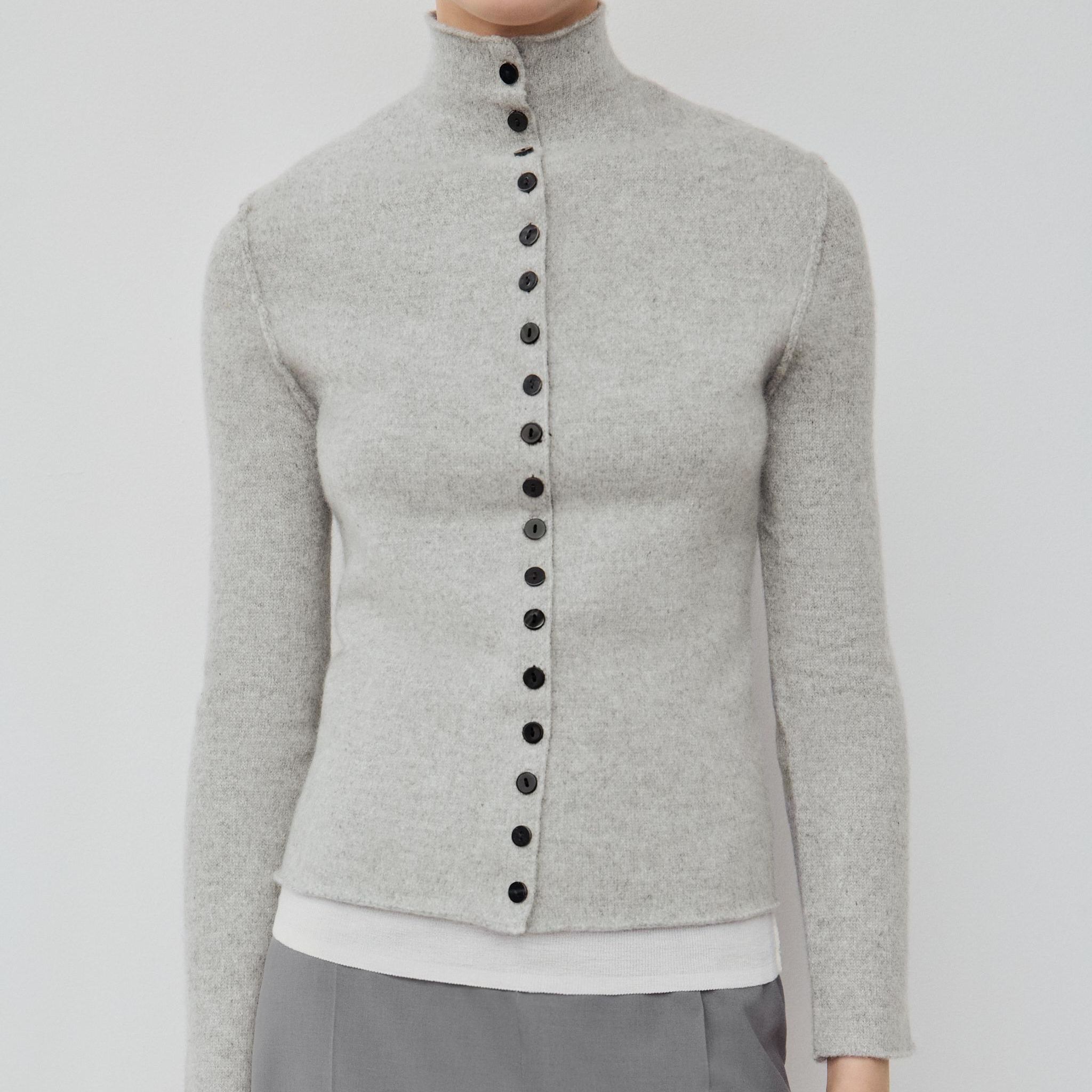 100% Wool Mock Neck Cardigan - Grey - S