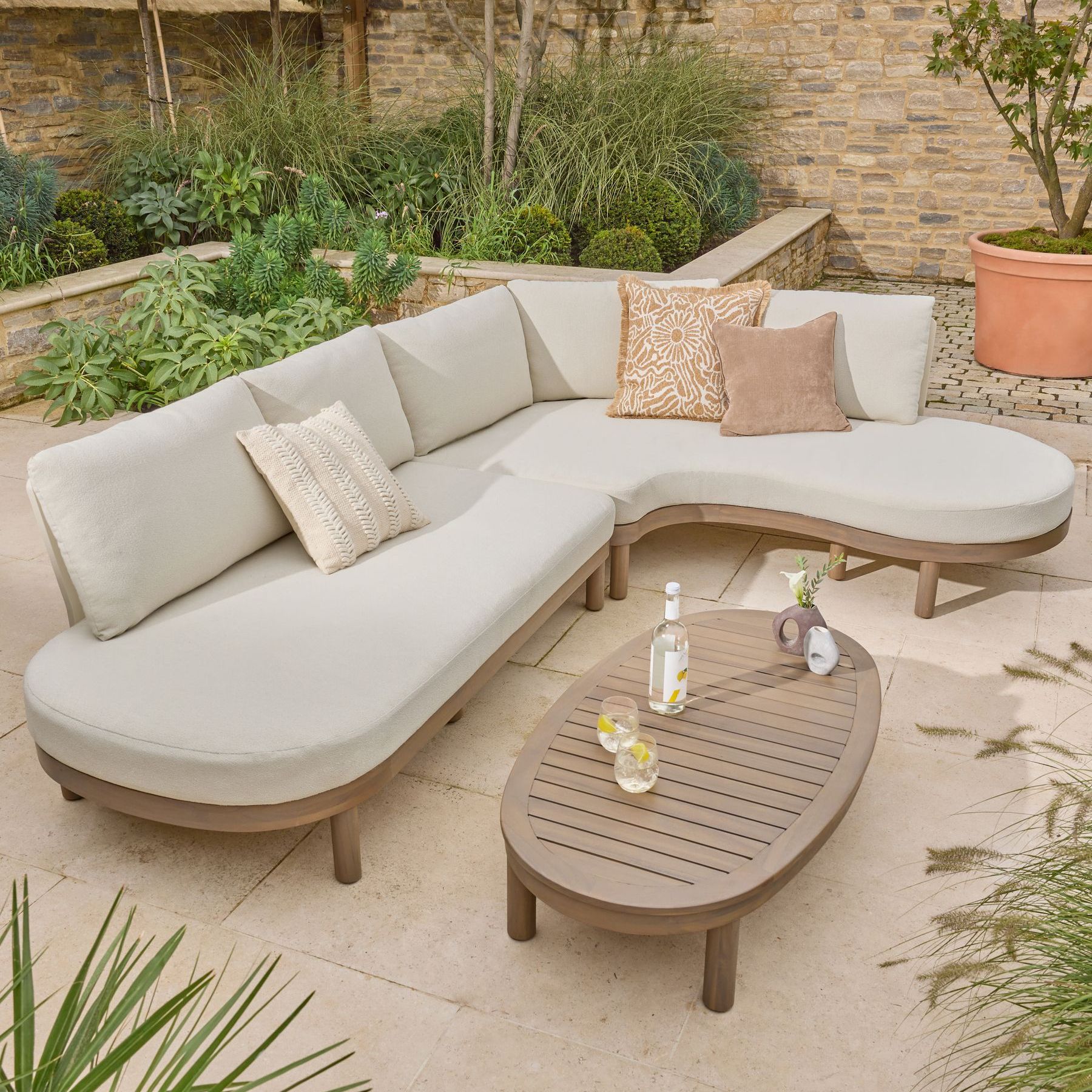 Natural Boucle Florence Curve Corner Sofa and Table Lounge Set