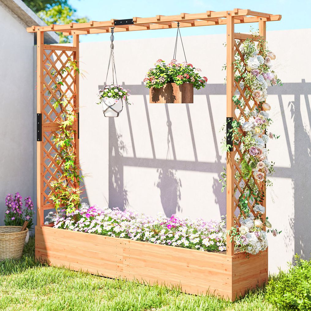 Arlmont &amp;amp; Co. Raised Garden Bed With Trellis, Wooden Planter Box With Hanging Roof and Drainage Holes, Outdoor Trellis Planter for Climbing Plants, Vegetables, Herbs and Flowers, 77.2" X 17.3" X 71.3" &amp;amp; Reviews | Wayfair