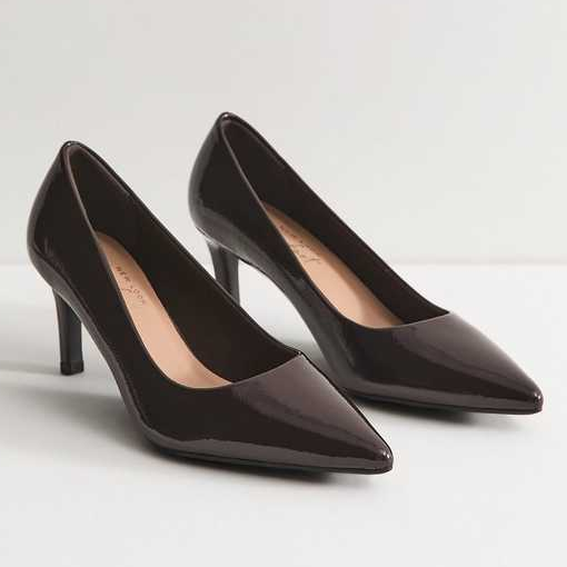 New Look, Dark Brown Patent Faux Leather Pointed Toe Court Shoes