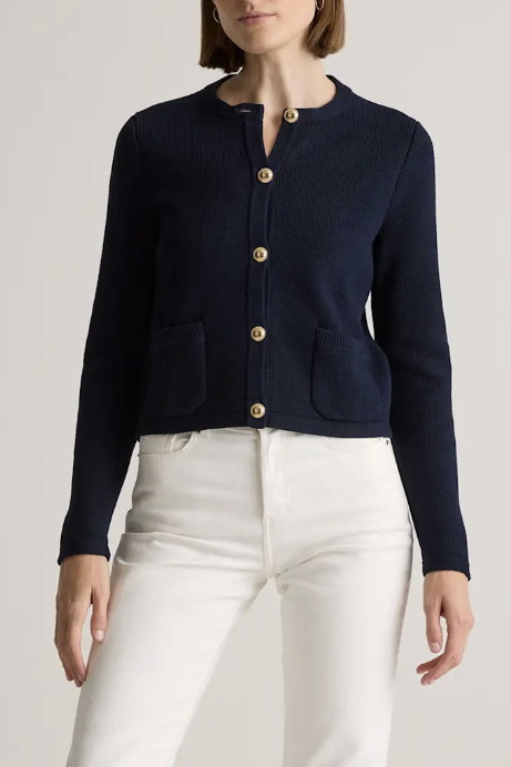 Quince, 100% Organic Cotton Sweater Jacket in Heather Dove Grey/ivory Colorblock