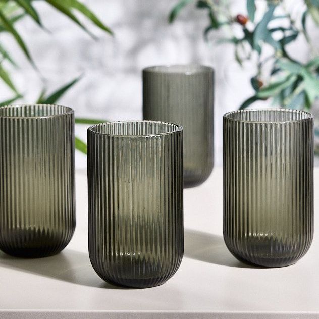 Set of 8 Vintage Luxury Grey Ribbed Tall Drinking Glass Whisky Glass Tumbers Festive Christmas Decor Glassware 420ml