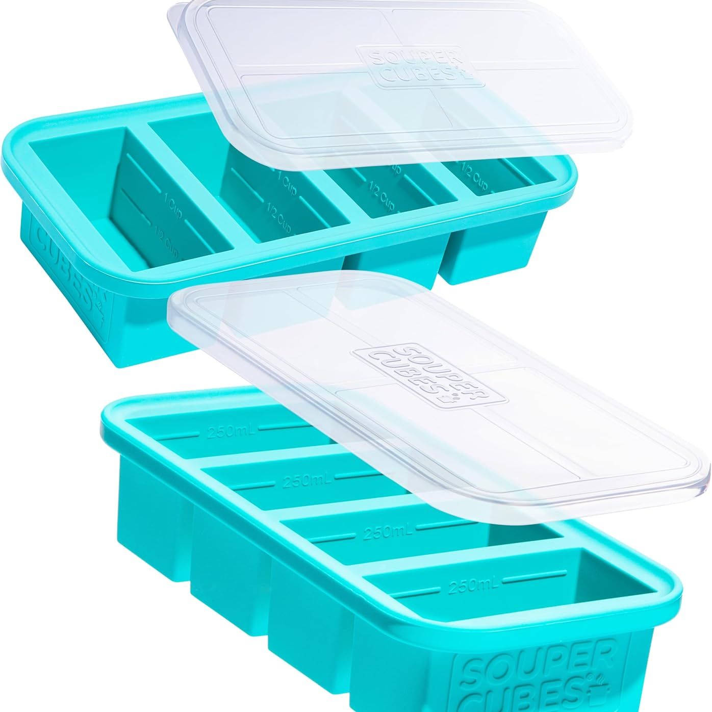Souper Cubes 1 Cup Silicone Freezer Tray With Lid - Easy Meal Prep Container and Kitchen Storage Solution - Silicone Molds for Soup and Food Storage - Aqua - 2-Pack