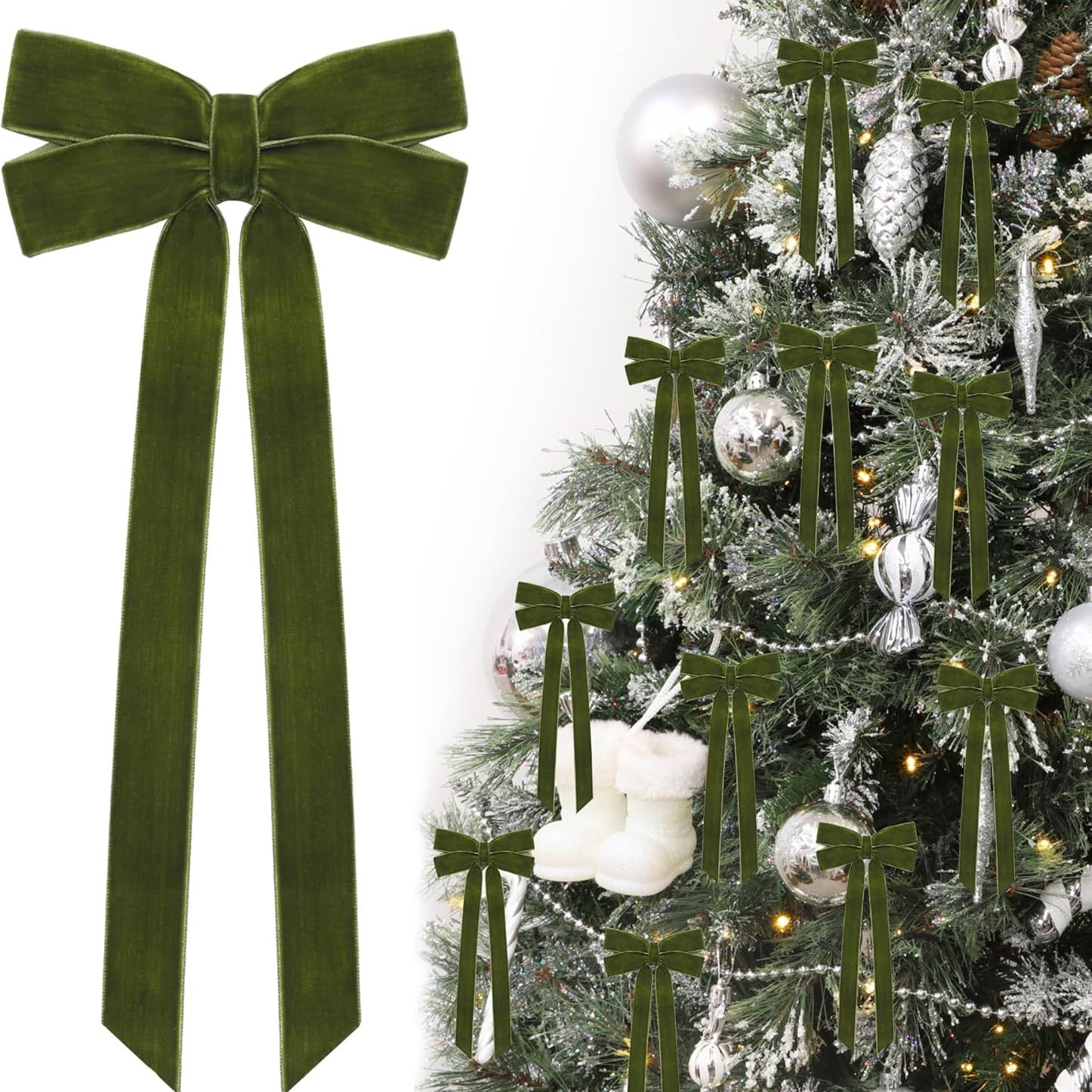 12pcs Green Velvet Ribbon Bows Christmas Tree Decorations,5in X 10in Xmas Ornaments for Tree Home Party Front Door Wreath Garland Holiday Decor