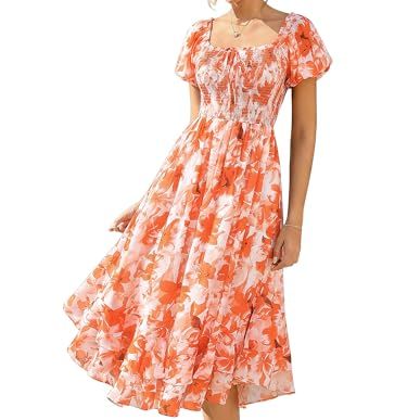 Grace Karin Women Summer Floral Dress Puff Sleeve Square Neck Smocked A-Line Maxi Dresses for Women Uk Orange L