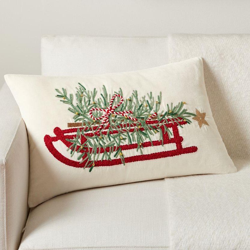 Christmas Tree Sled Embroidered Lumbar Cushion Cover