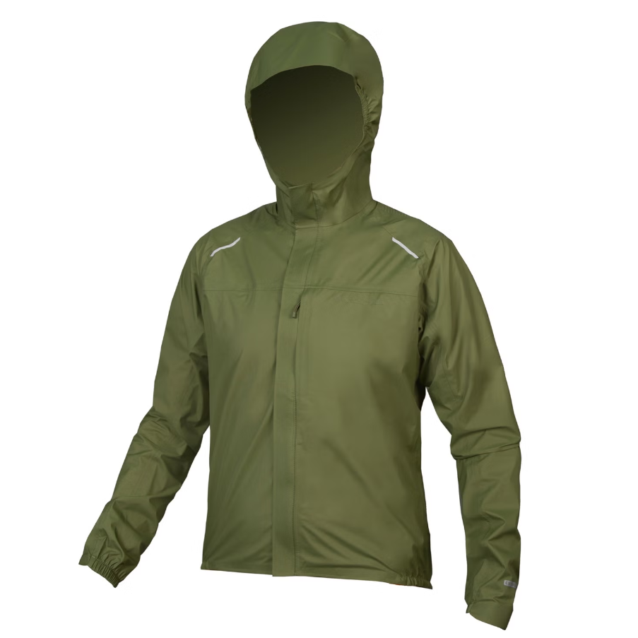 An olive rain jacket on a white background