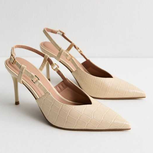 New Look, Off White Embossed Croc Slingback Court Shoes