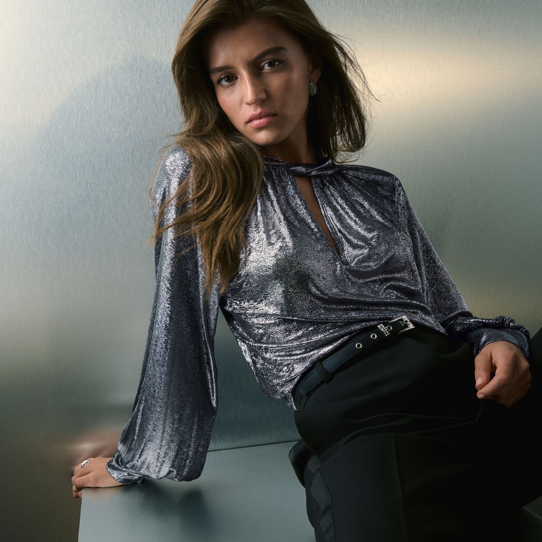 Silver Metallic Long Sleeve Twist Neck Metallic Lame Blouse