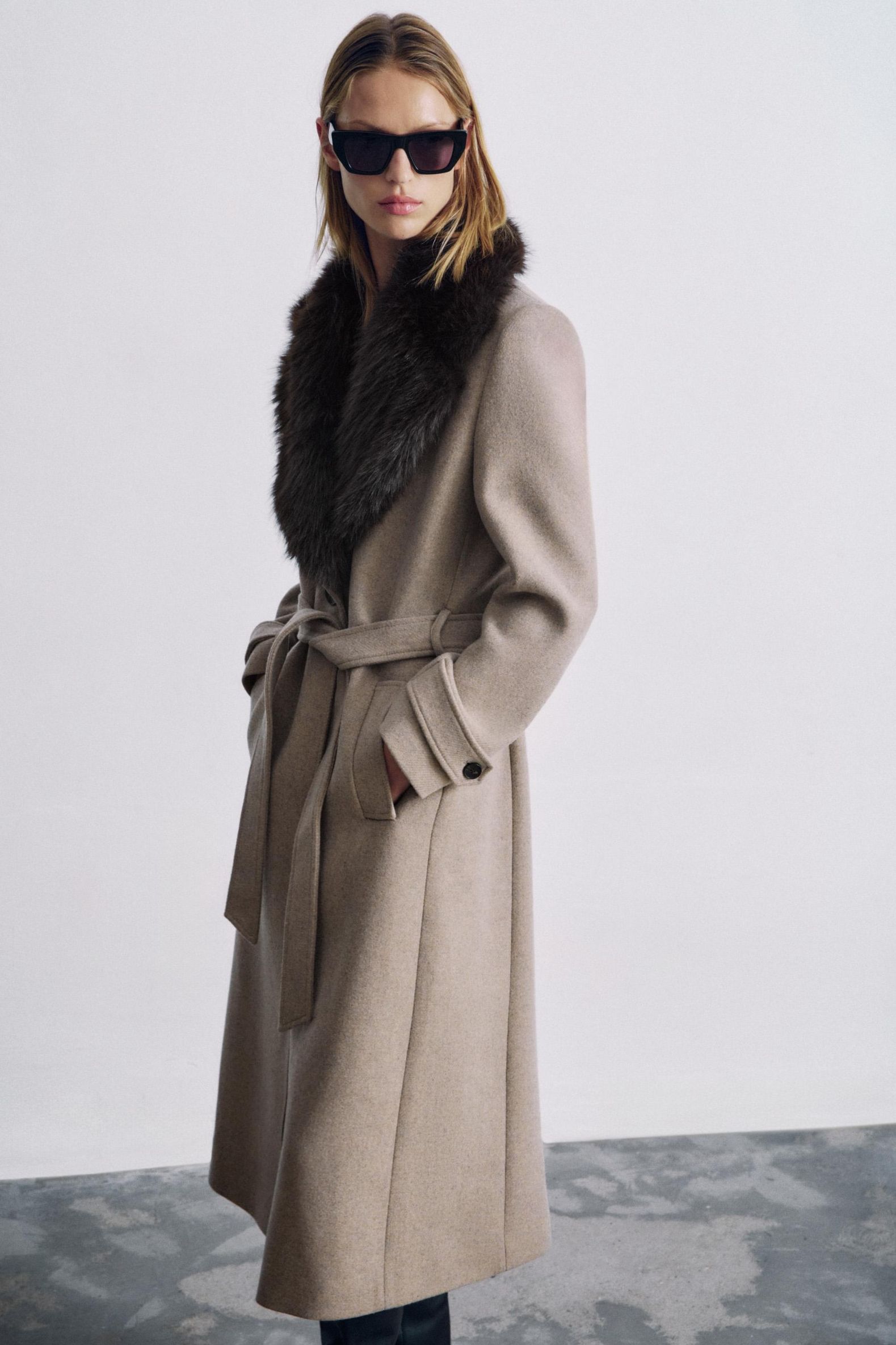 Wool Blend Coat With Detachable Faux Fur - Light Mink - Xs