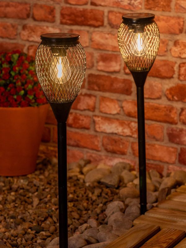Dakota Fields Black Metal Cage Solar Powered Outdoor Spike Lights 2 Pack Garden Stake Lamp | Wayfair.co.uk