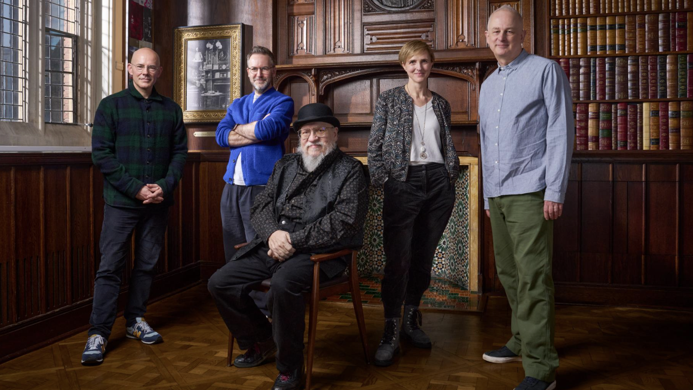 From left: Daniel Evans, Duncan Macmillan, George R. R. Martin, Tamara Harvey and Dominic Cooke