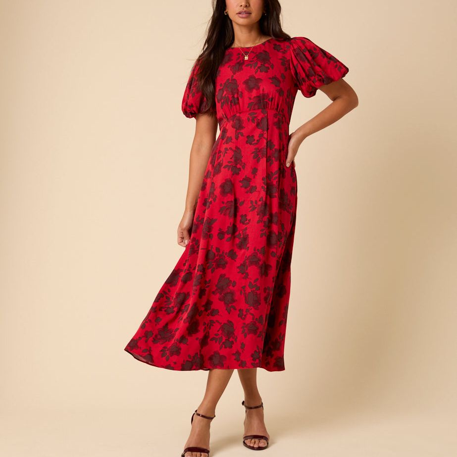 Red Puff Sleeve Quinn Midi Dress