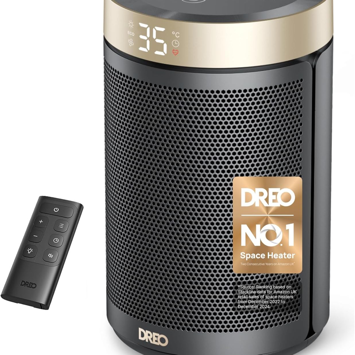 Dreo Electric Heater, 1500w Energy Efficient Space Room Heater, Upgrade Remote Portable Ceramic Fan Heaters, Thermostat, 3 Modes 12h Timer, Overheat &amp;amp; Tip Over Protection, for Bedroom, Atom 316, Gold