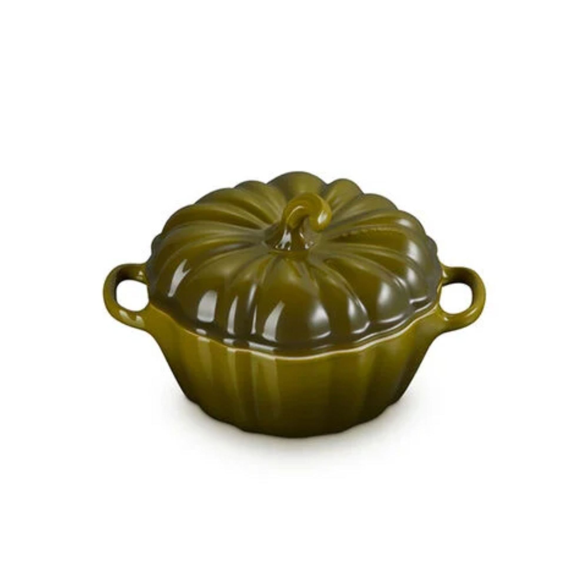 A glazed dark green pumpkin shaped baking dish with with a handle either side.