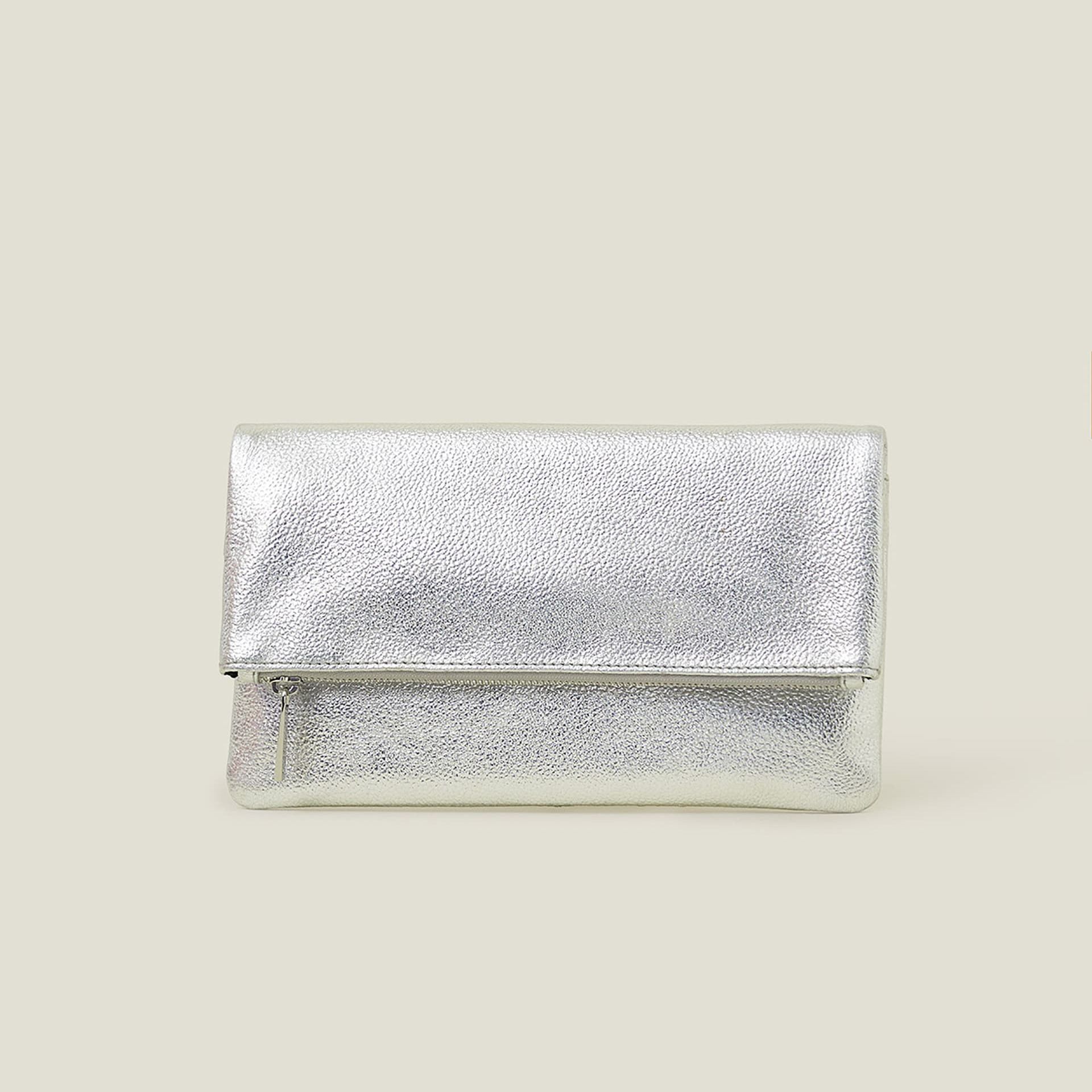 Leather Metallic Fold Over Clutch Bag