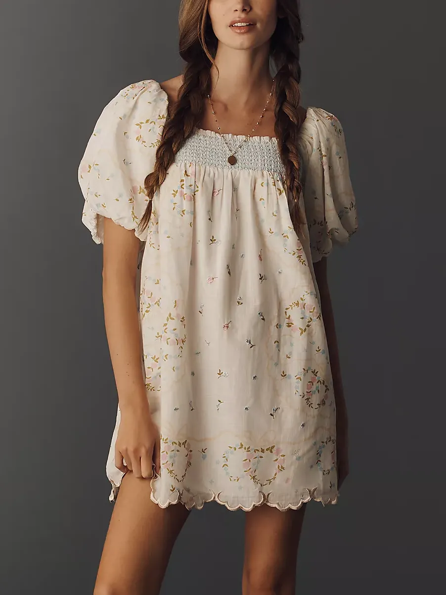 By Anthropologie Embroidered Puff-Sleeve Babydoll Dress