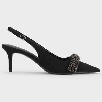 Faux Suede Crystal-Embellished Pointed-Toe Slingback Pumps