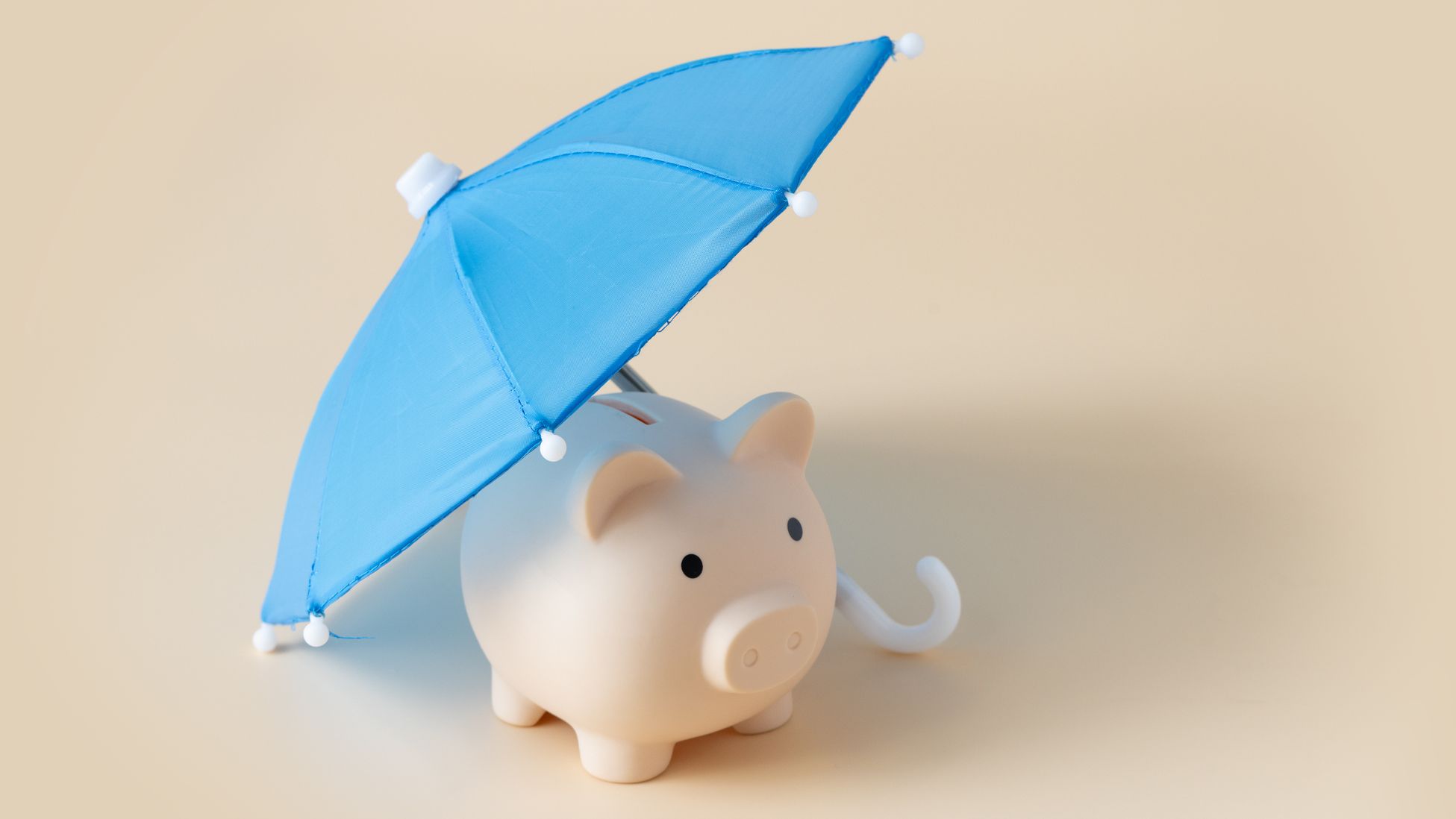 A small umbrella covering a piggy bank