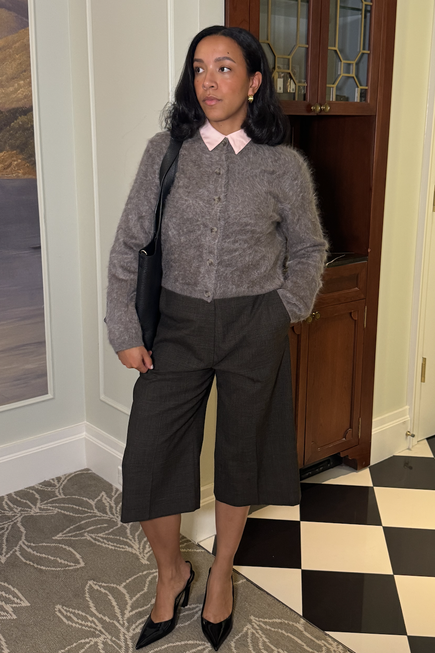 Lauren Tappan wearing a cardigan, culottes, and heels