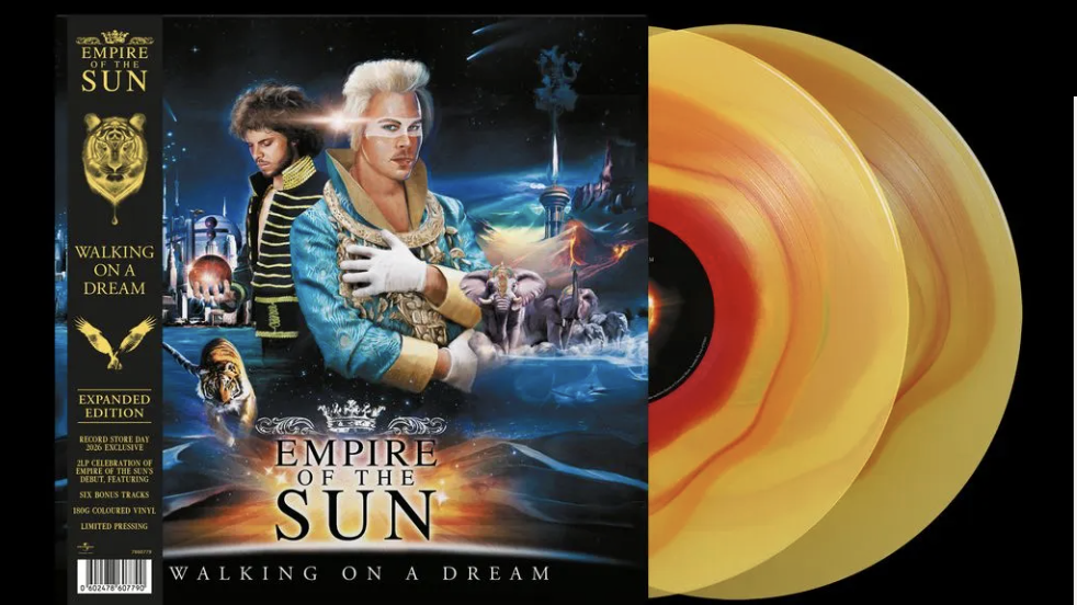 An image of Empire of the Sun's vinyl album Walking on a Dream, with two orange swirly LPs emerging from it