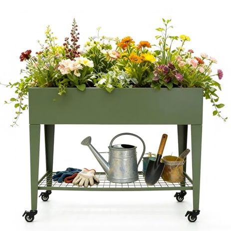 Tisuwing Foldable Raised Garden Bed With Wheels, 38 X 14 X 32 Inch Galvanized Steel Elevated Planter With Storage Shelves, Rolling Outdoor Planter Box for Herbs, Vegetables &amp;amp; Flowers, Green