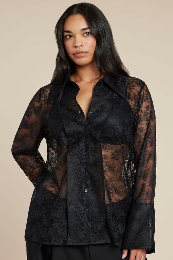 Eloquii Sheer Lace Button Up Top