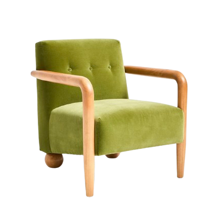 Green velvet chair with wooden arms and circular legs