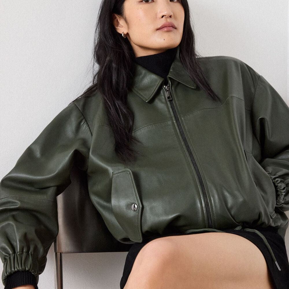 Khaki Frida Leather Bomber Jacket