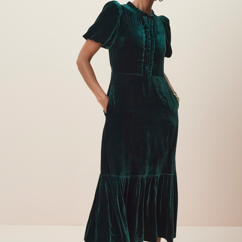 Celeste Silk Velvet Dress - Evergreen