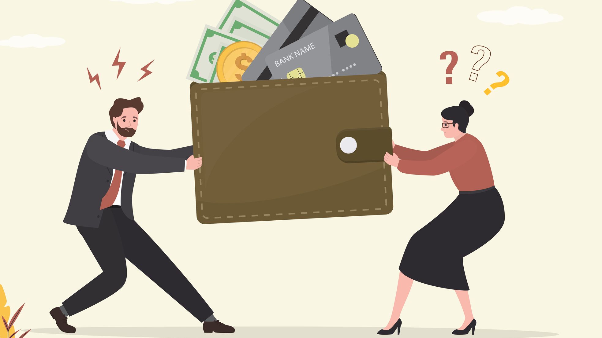 Married couple shares credit cards and cash, family budget.