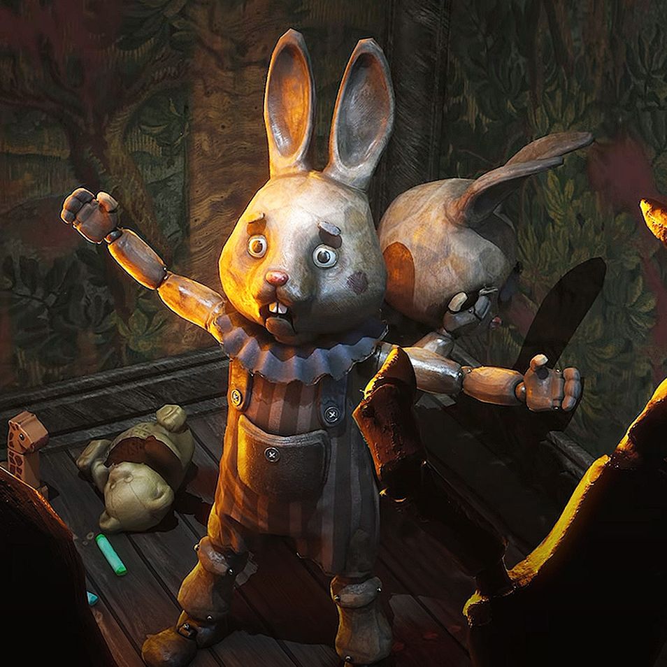 Carnival Hunt - Two bunnies backing against a wall. One is standing in front of another with its arms outstretched to protect the other from a monster getting closer.