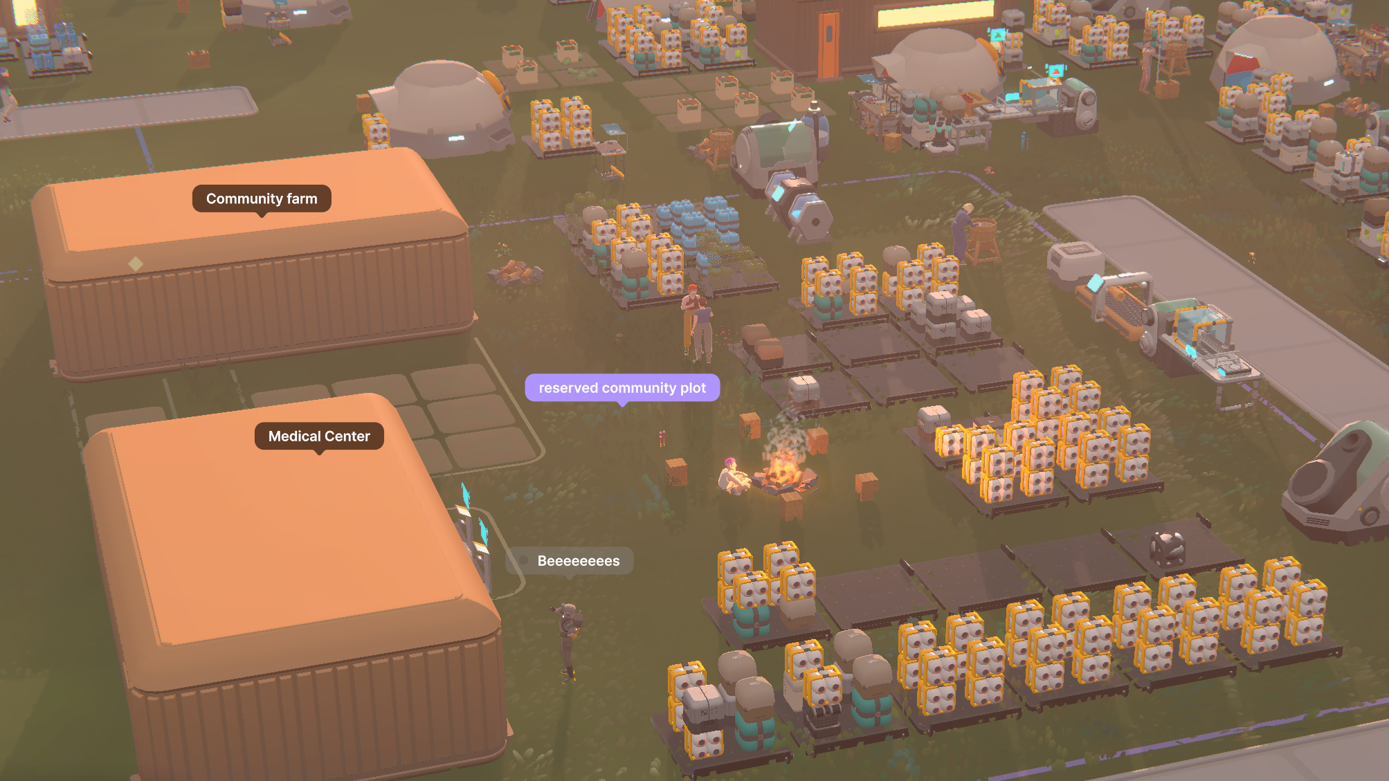 Screenshots from the game Seed showing a community plot with storage