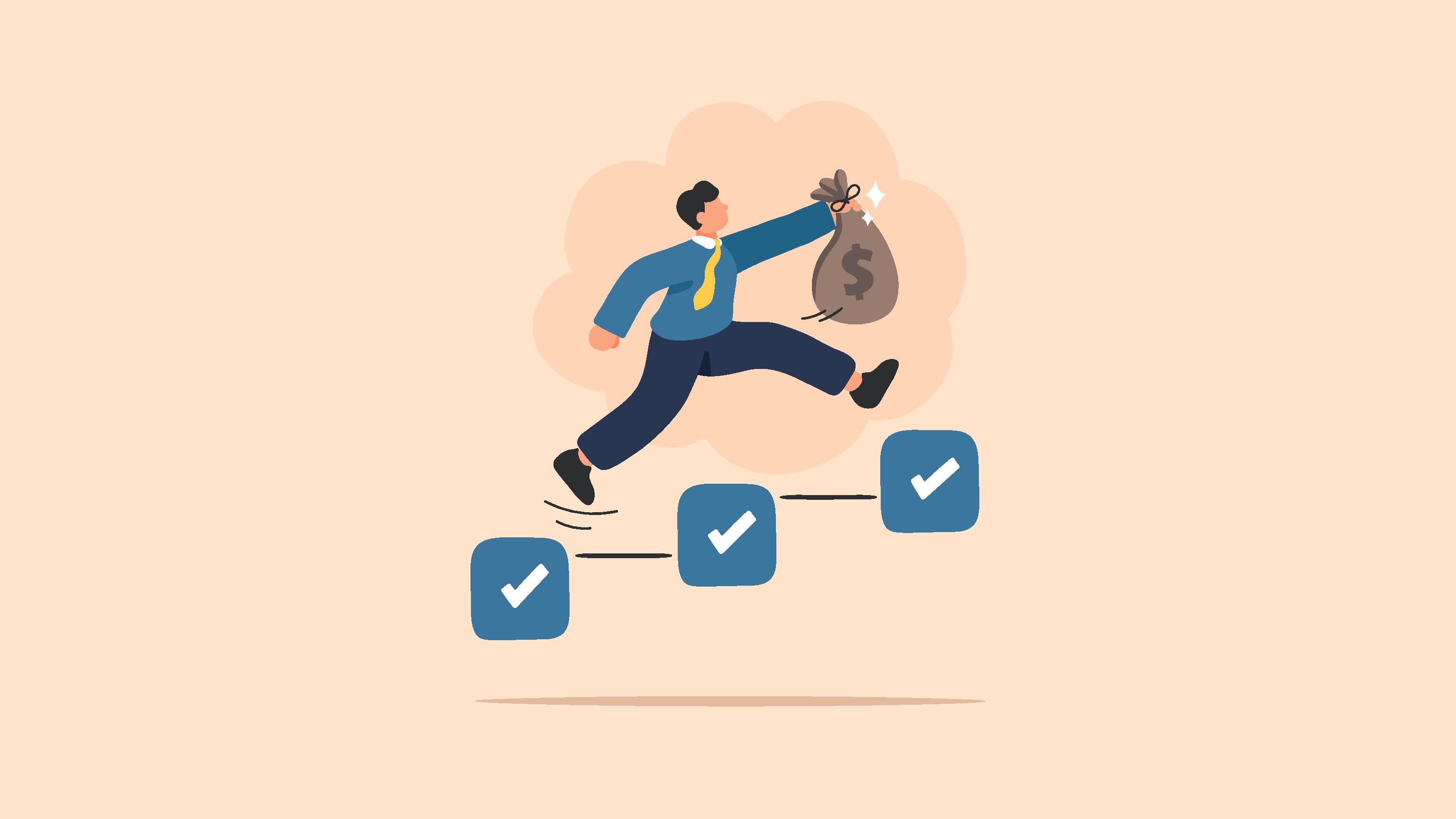 a person hopping on check marks to reach savings goals
