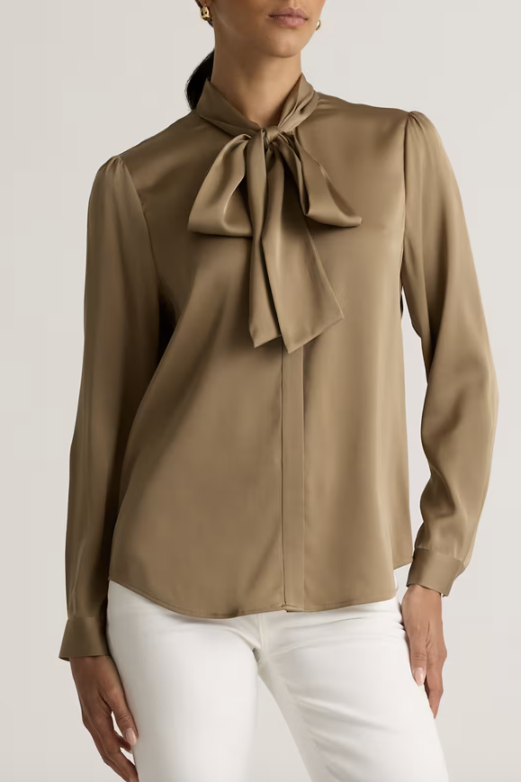 Quince, Washable Stretch Silk Tie Neck Blouse in Moonstone Blue