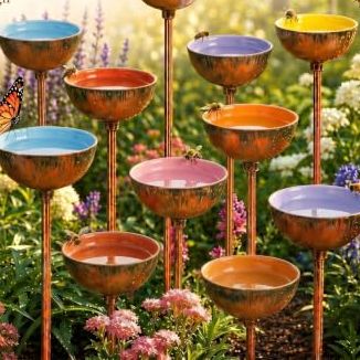 Teenyyou 6 Pcs Bee Watering Station for Garden Bee Metal Watering Cups Butterfly Water Feeder Small Insects Bath Bowl Cups Metal Stakes for Outdoor Garden Decor (colorful)