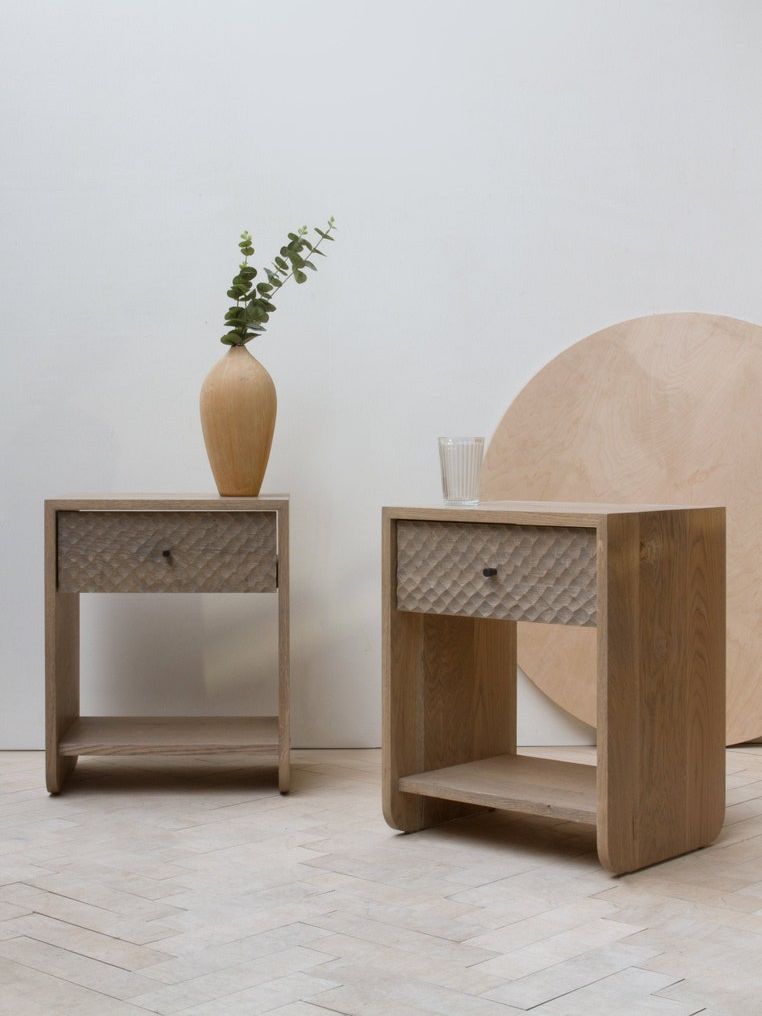 Konk &amp;#8214; 't&amp;auml;lja' Bedside Table &amp;#8214; Bespoke Sizes Available &amp;#8214; Solid Oak Side Table With Carved Fronts, Low Single Drawer Storage