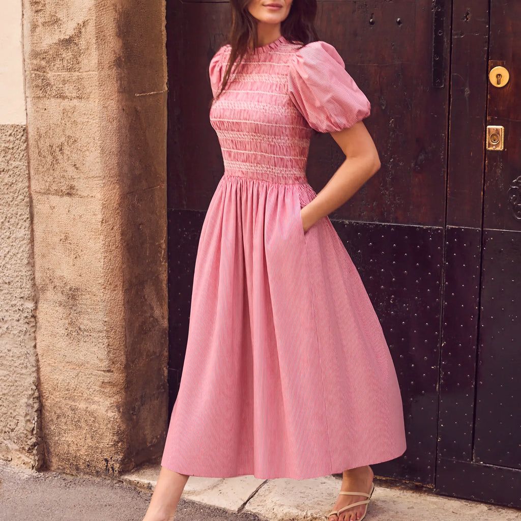 Red Stripe Cotton Shirred Bodice Dress