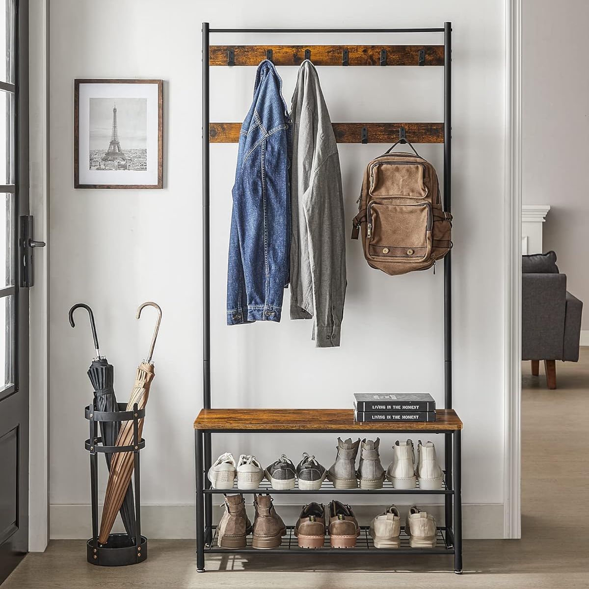 Vasagle Coat Rack, Hallway Cabinet, Cloakroom, Clothes Rack, With Bench and Shoe Shelves, Hooks, Metal Frame, Height 175 Cm, Industrial Style, Rustic Brown and Black Hsr41bx