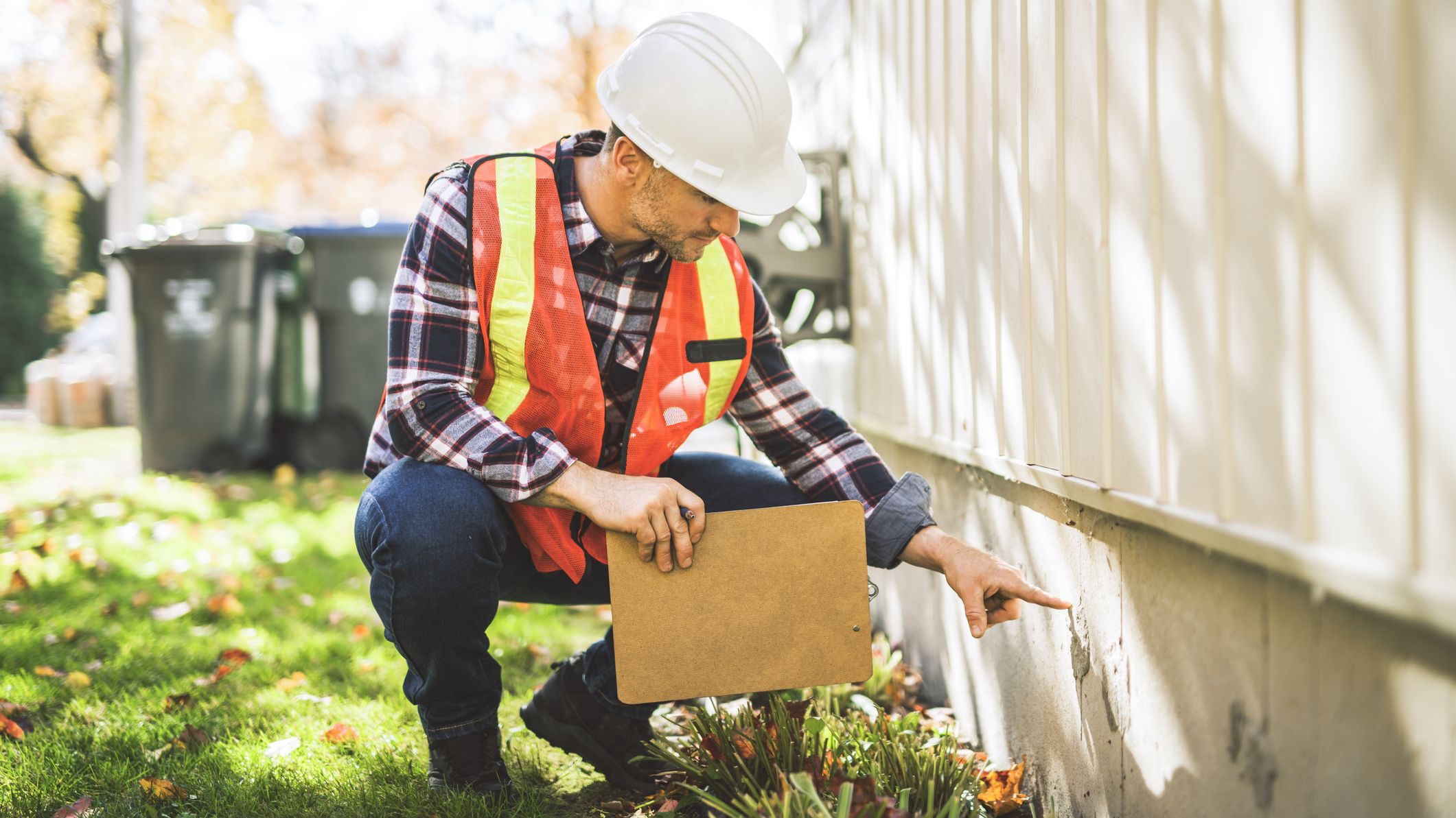 The inspector or engineer is checking the building structure and house.
