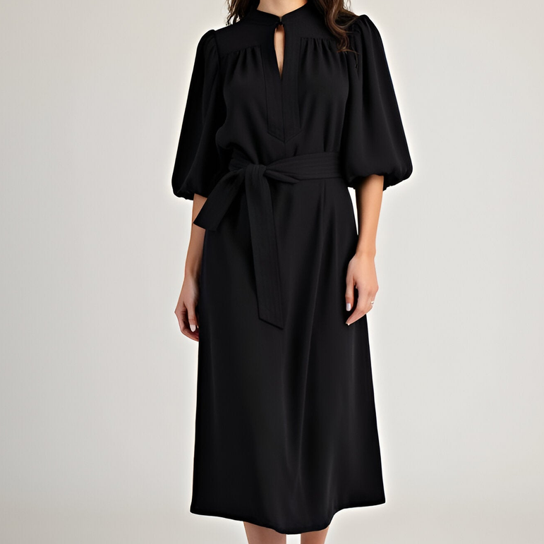 Puff Sleeve Midi Dress With Belt