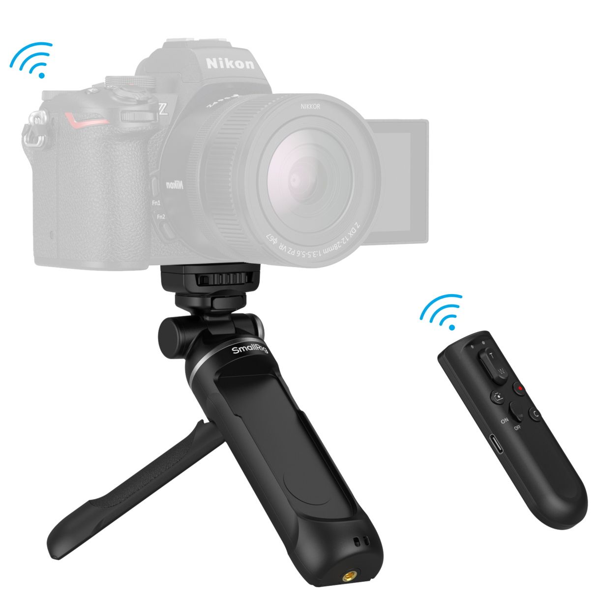 SmallRig SR-RG2 mini tripod with detached controller and 'ghost' Nikon camera